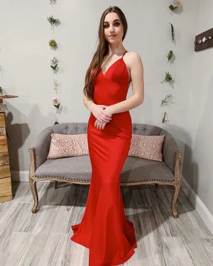 2019 Red Satin Mermaid Prom Dresses with V-Neck Long Prom Homecoming Party Gowns