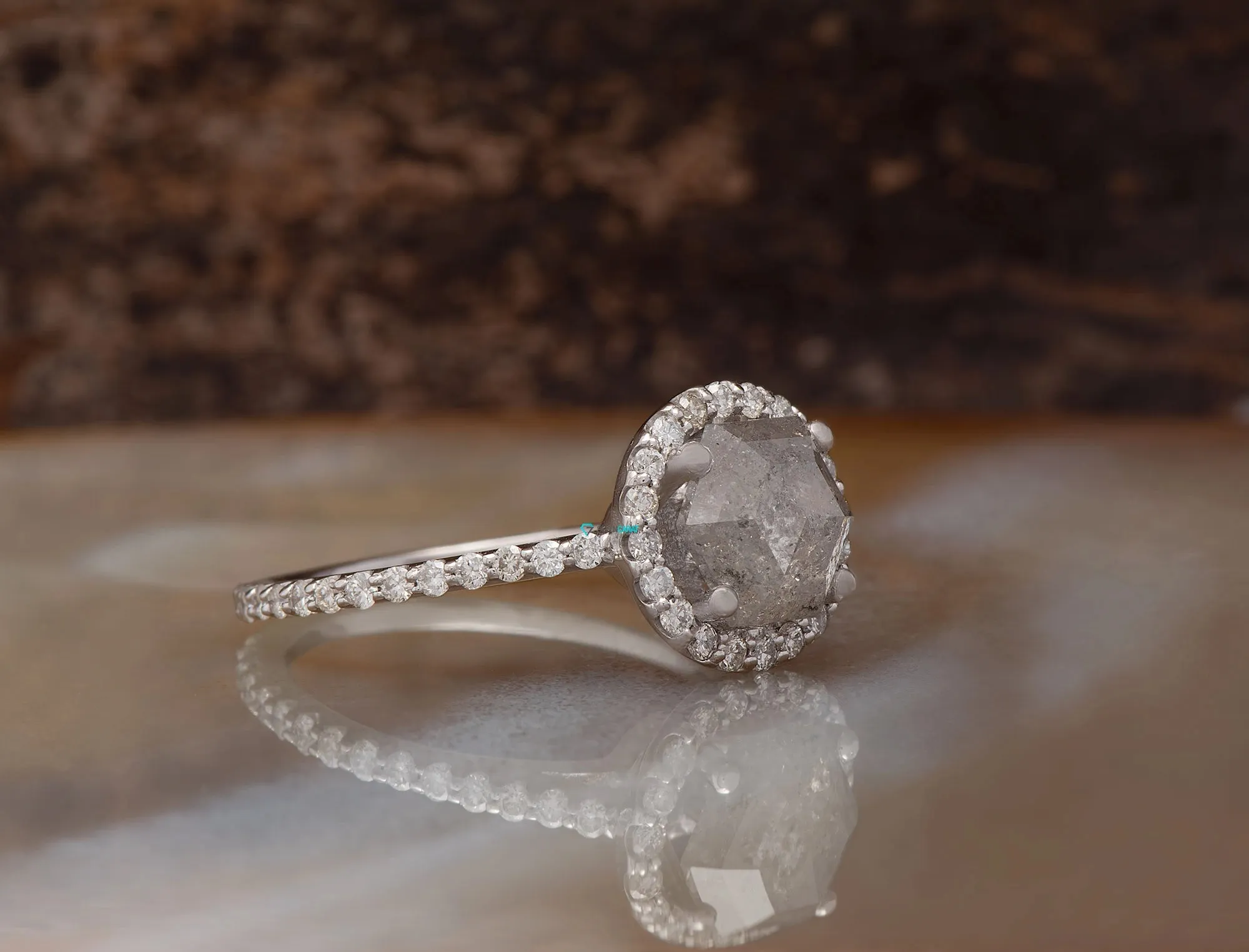 2.26 ct  Salt and Pepper Hexagon diamond engagement ring White Gold/ Platinum