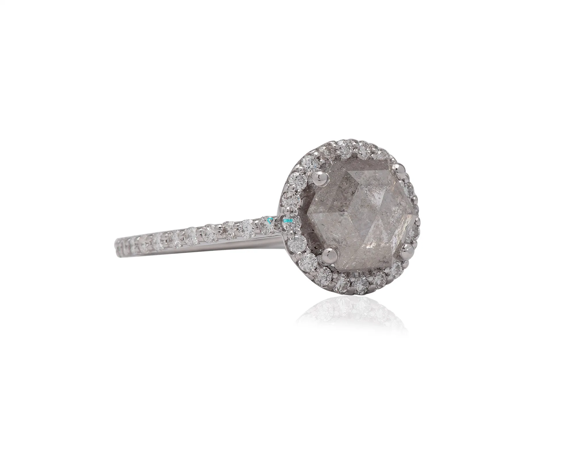 2.26 ct  Salt and Pepper Hexagon diamond engagement ring White Gold/ Platinum