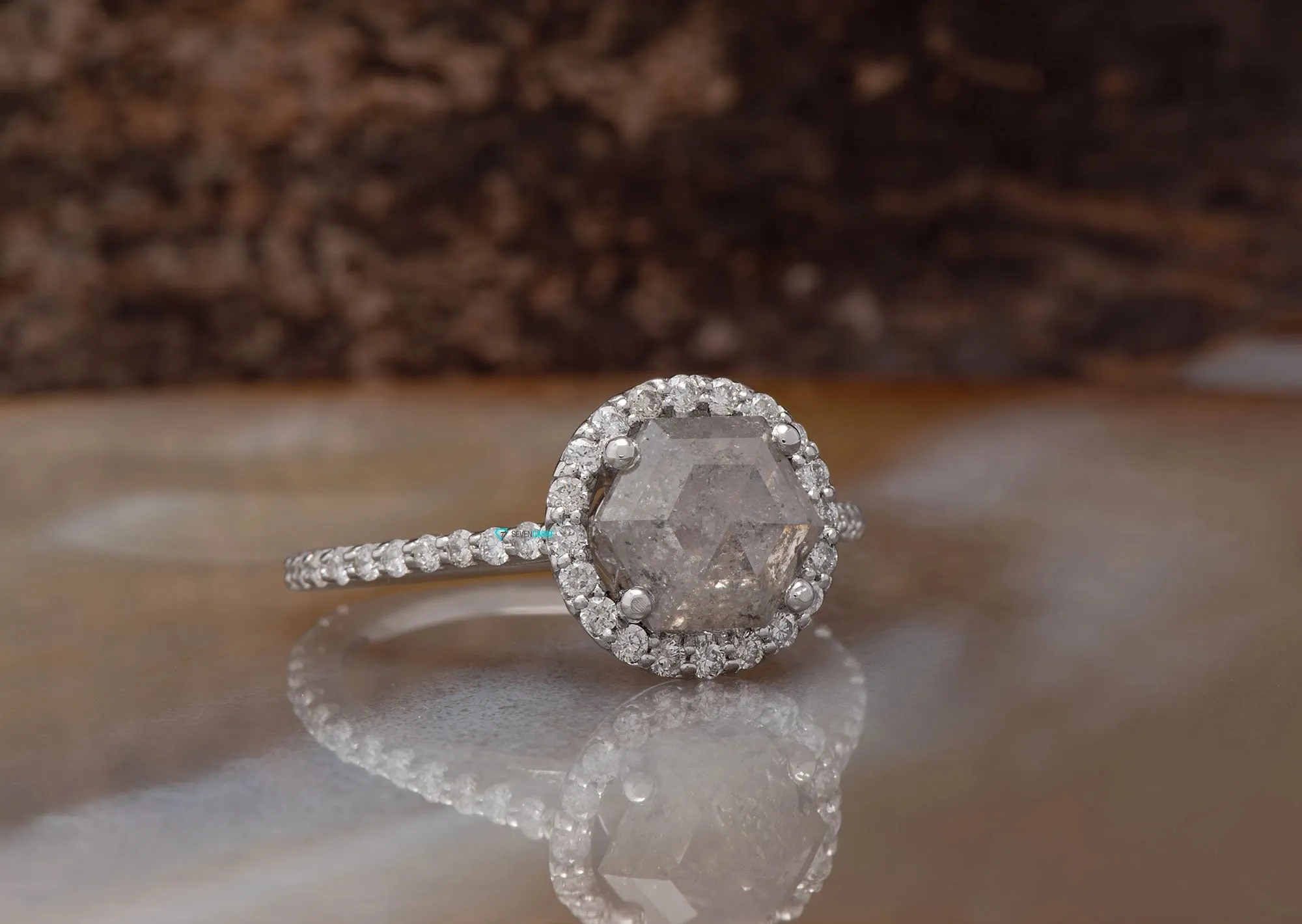 2.26 ct  Salt and Pepper Hexagon diamond engagement ring White Gold/ Platinum