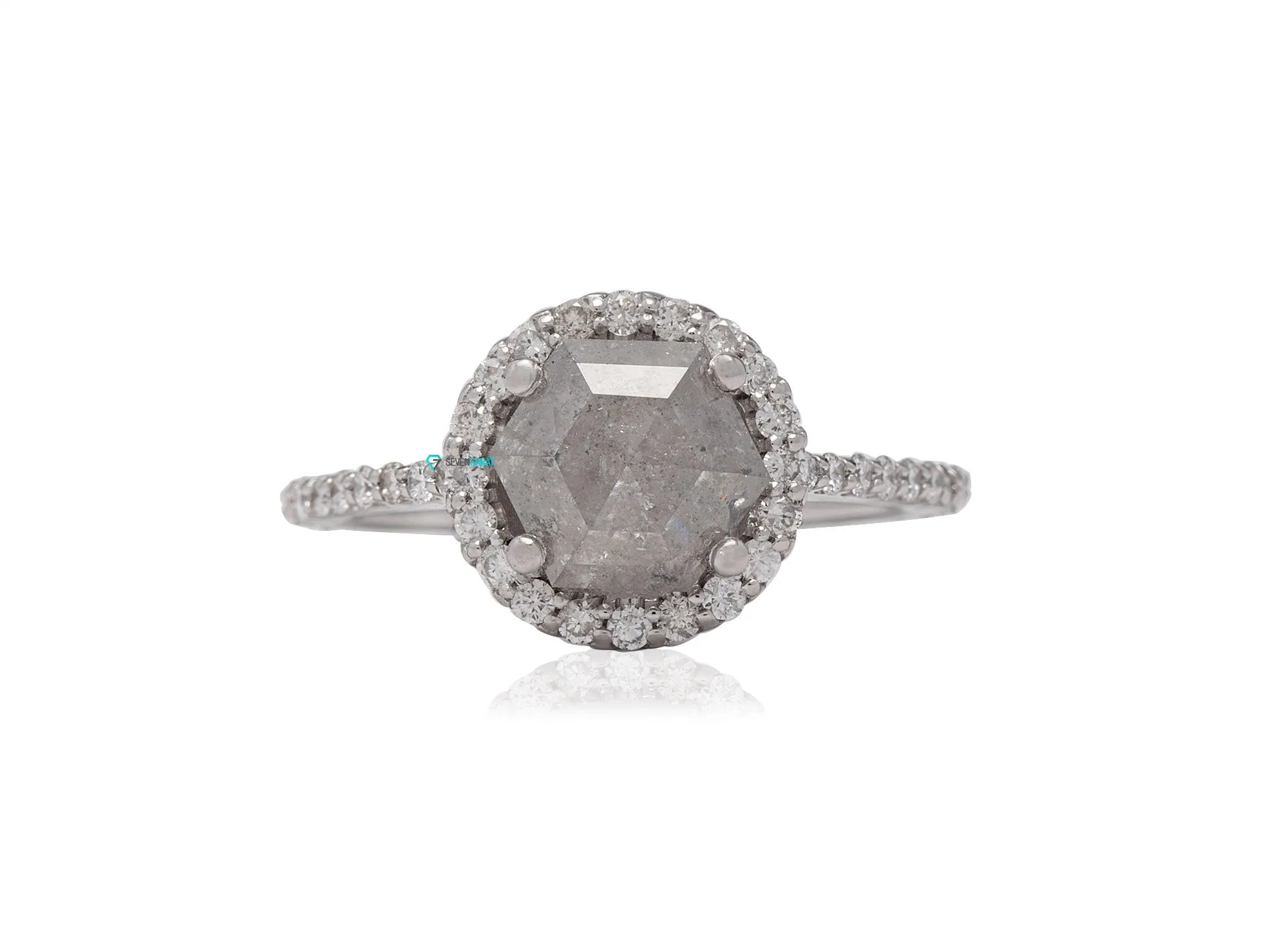 2.26 ct  Salt and Pepper Hexagon diamond engagement ring White Gold/ Platinum