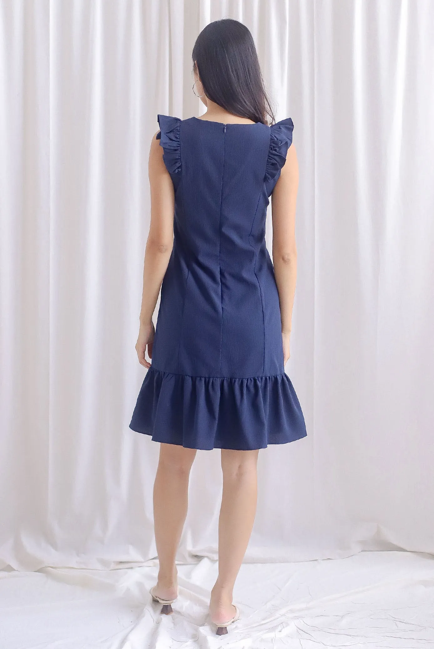 Acacia Flutter Sleeve Dress In Navy Blue