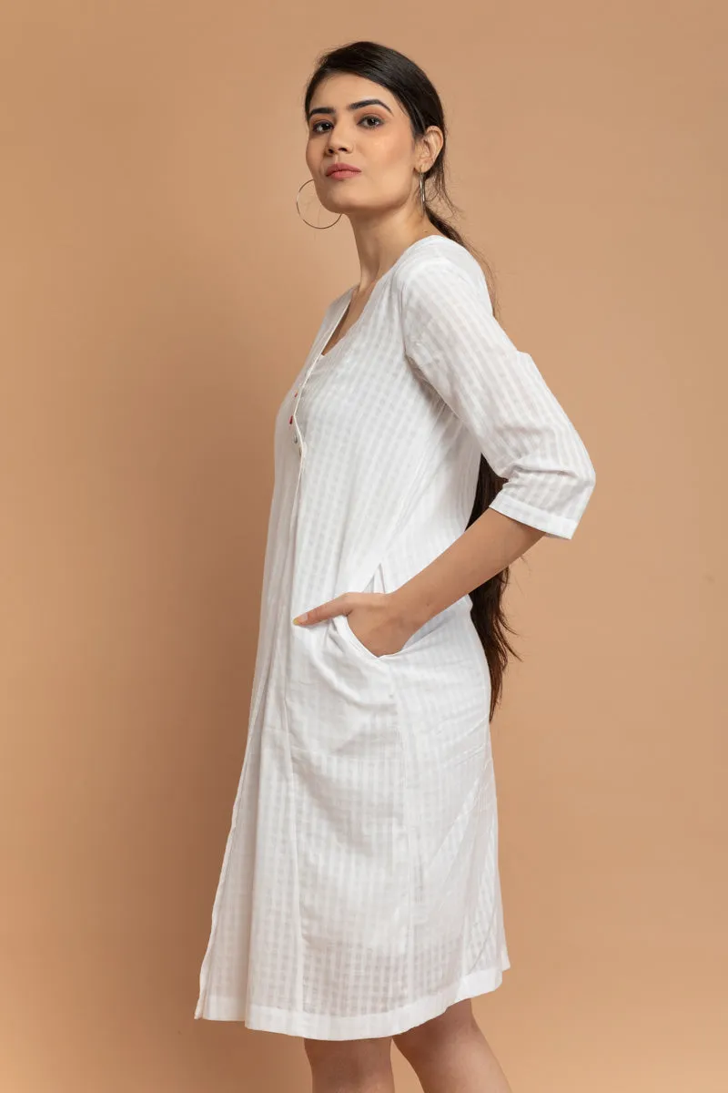 Angarakha Overlap Dress in White Textured Cotton Dobby with a Slip (Set of 2)