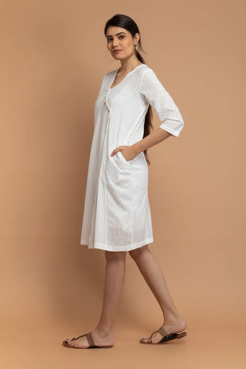 Angarakha Overlap Dress in White Textured Cotton Dobby with a Slip (Set of 2)