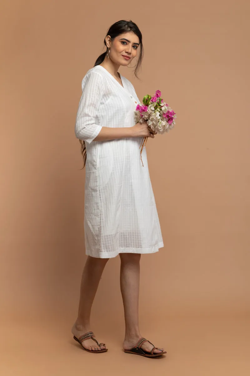 Angarakha Overlap Dress in White Textured Cotton Dobby with a Slip (Set of 2)