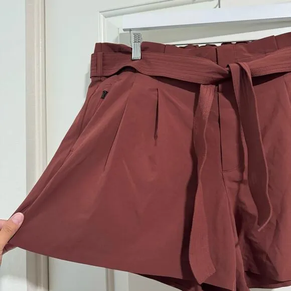 Athleta Skyline II Raisin Brown Pleated Paper Bag Shorts 16