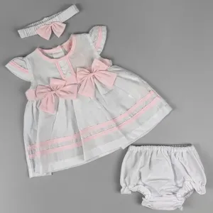 Baby Girl Summer Dress Set – White with Matching Headband & Knickers