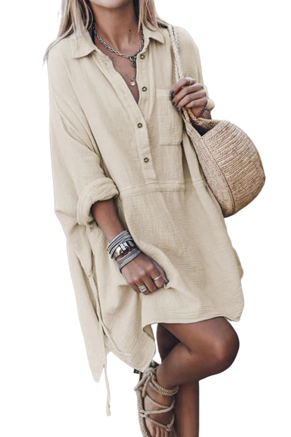 Beige Button Pockets Drawstring Waist Dress