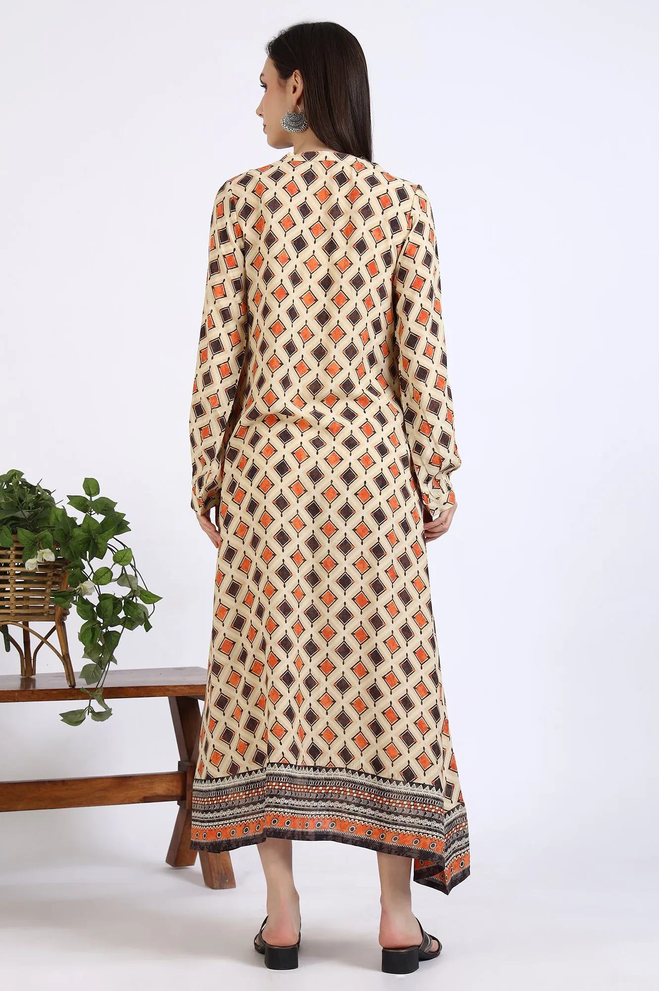 Beige Geometric Printed Modal Flared Dress