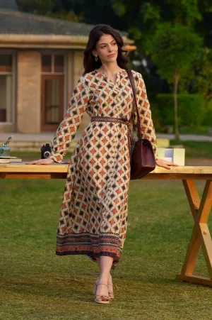 Beige Geometric Printed Modal Flared Dress