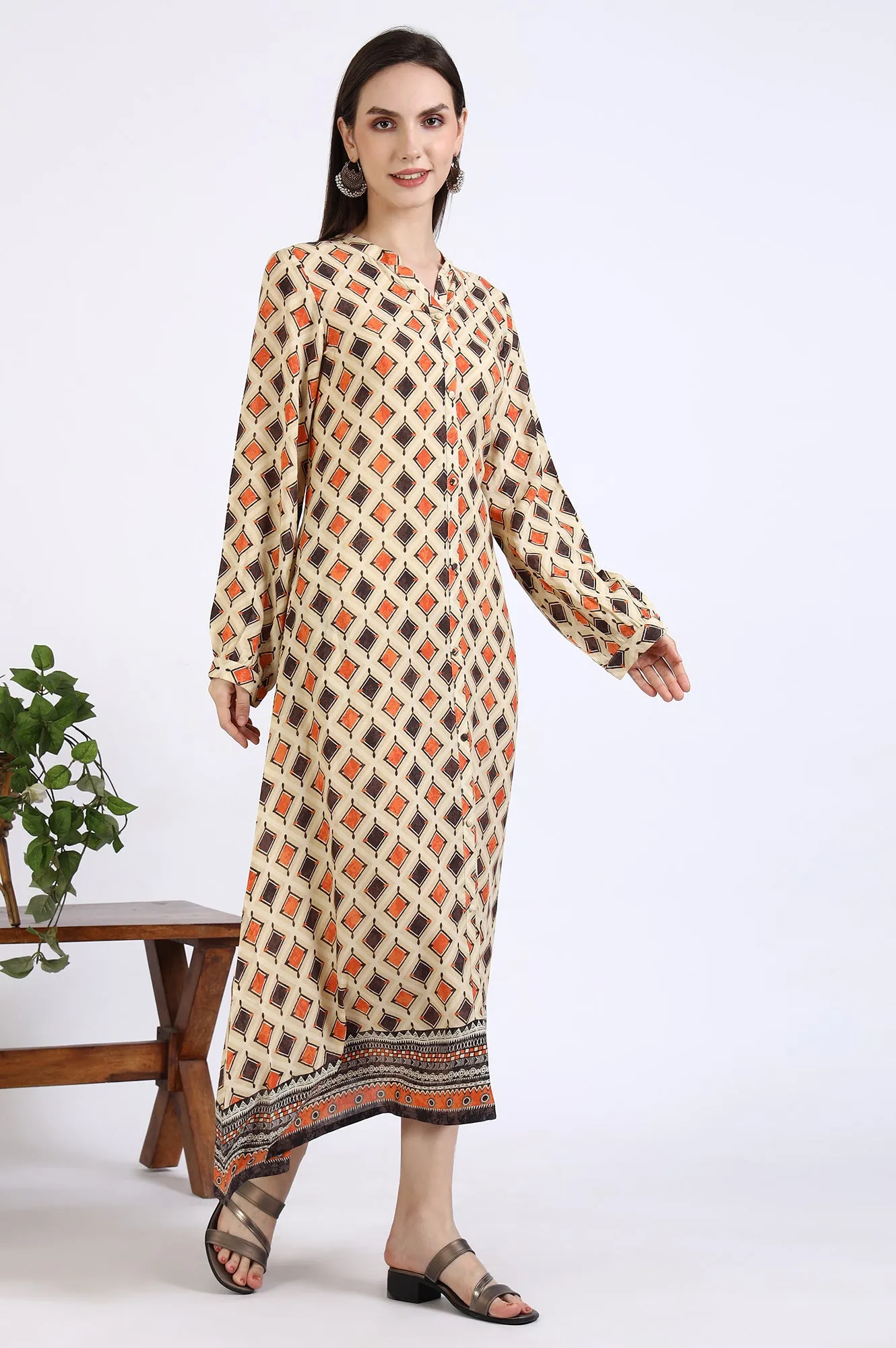 Beige Geometric Printed Modal Flared Dress