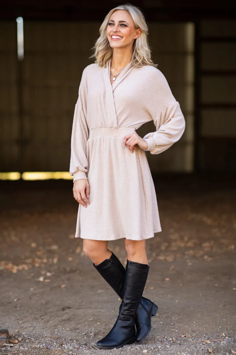 Beige Surplice Front Dolman Sleeve Dress