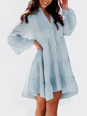 Bell Sleeve Mini Dress with Button-Down and Tiered Design