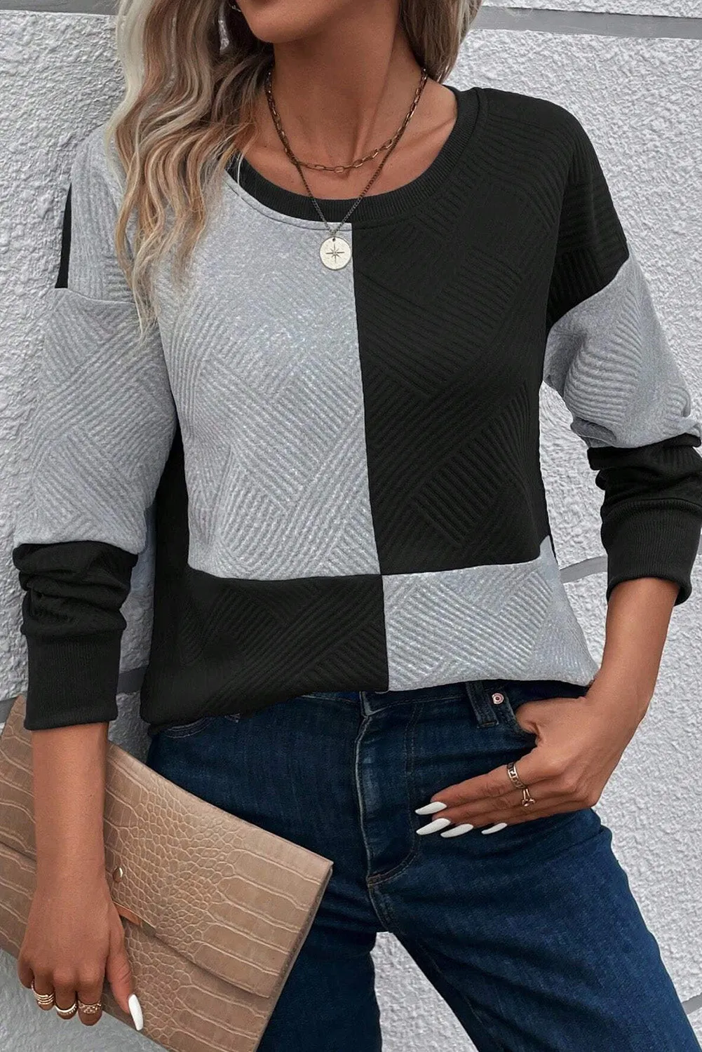 Black Color Block Textured Drop Shoulder Crewneck Top