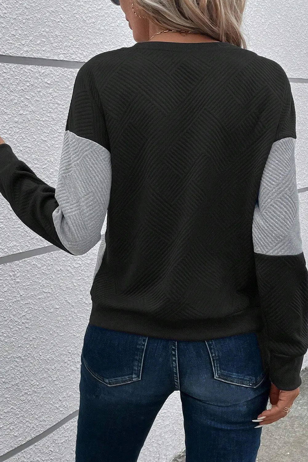 Black Color Block Textured Drop Shoulder Crewneck Top