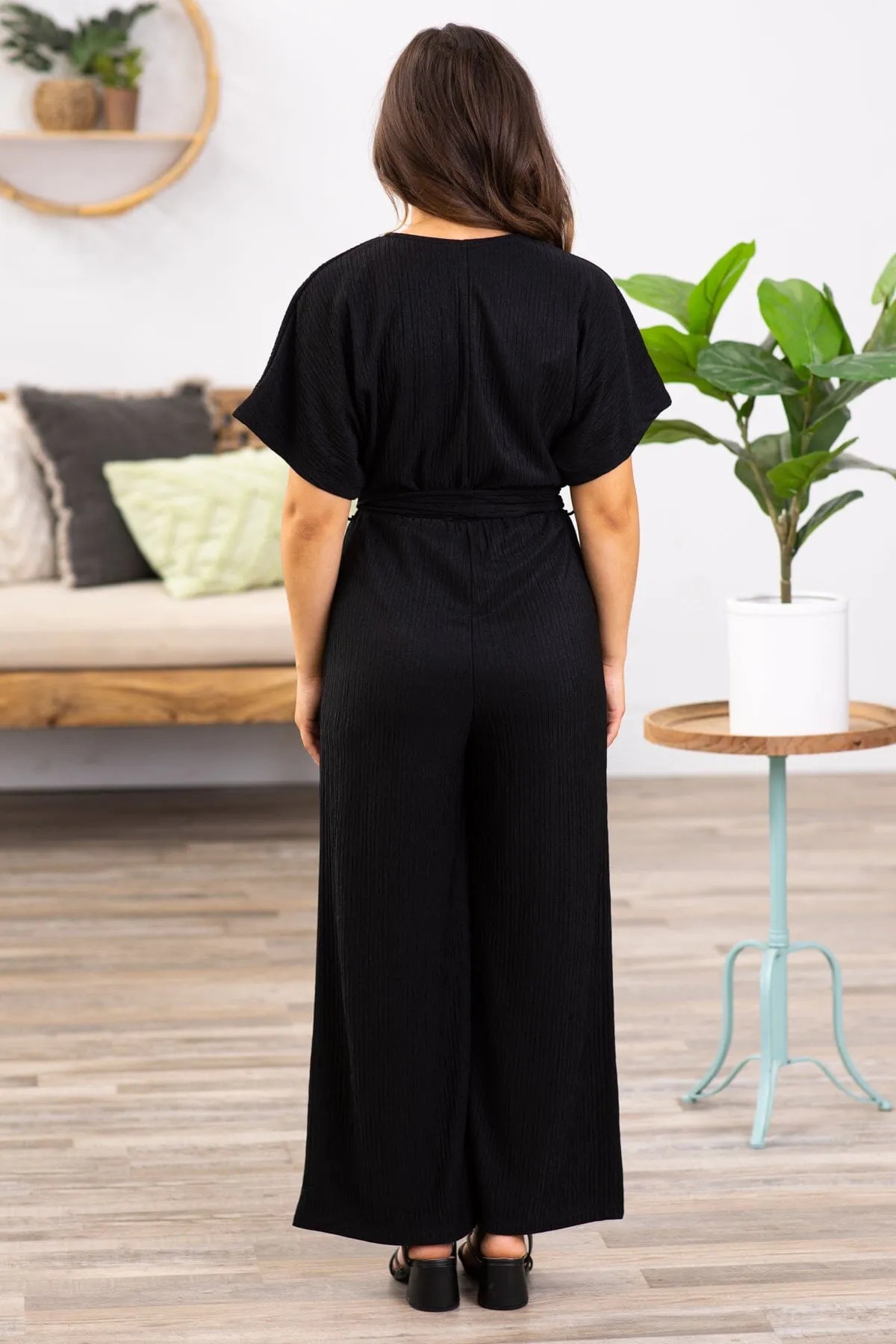 Black Surplice Front Self Tie Waist Jumpsuit