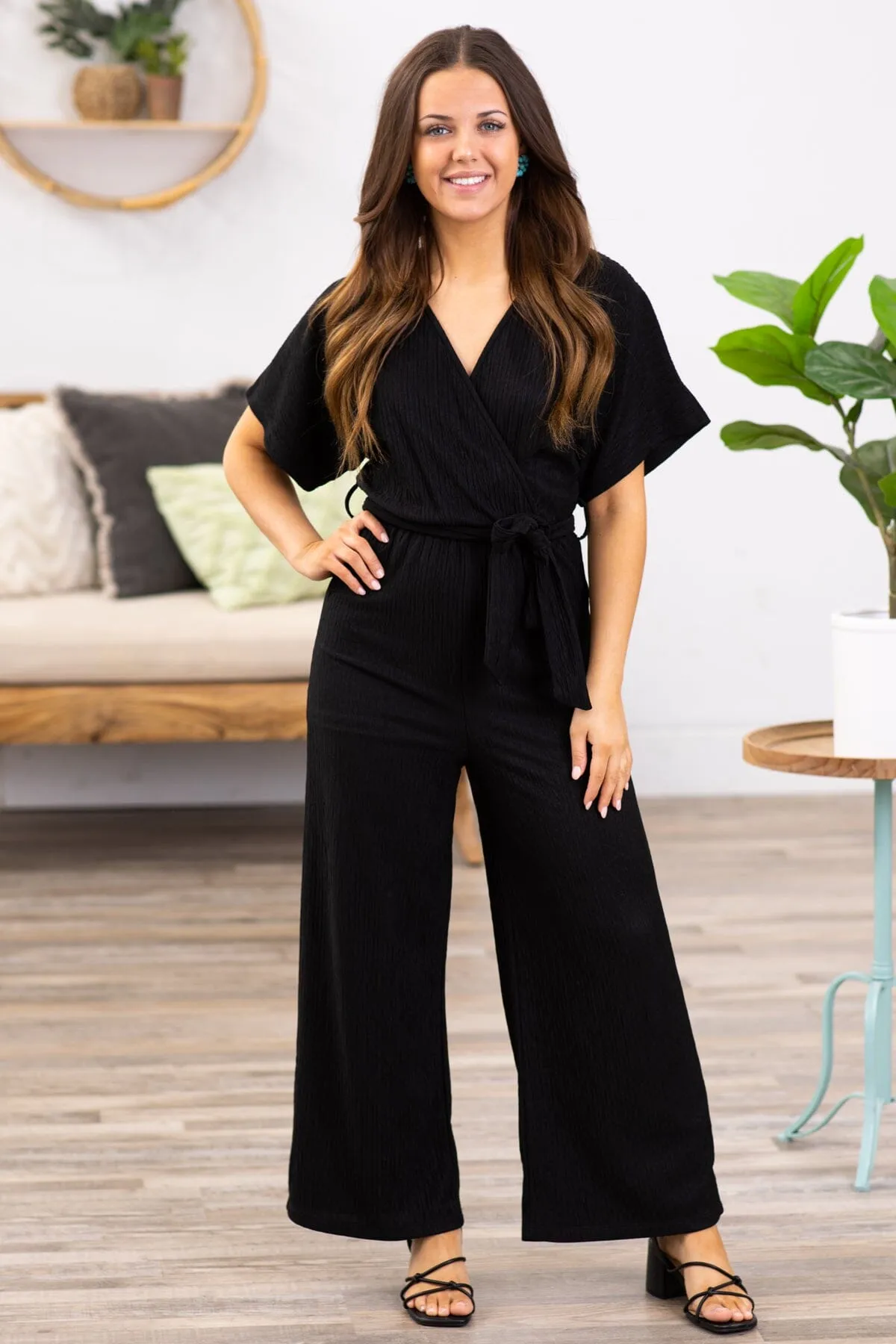 Black Surplice Front Self Tie Waist Jumpsuit