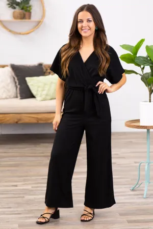 Black Surplice Front Self Tie Waist Jumpsuit