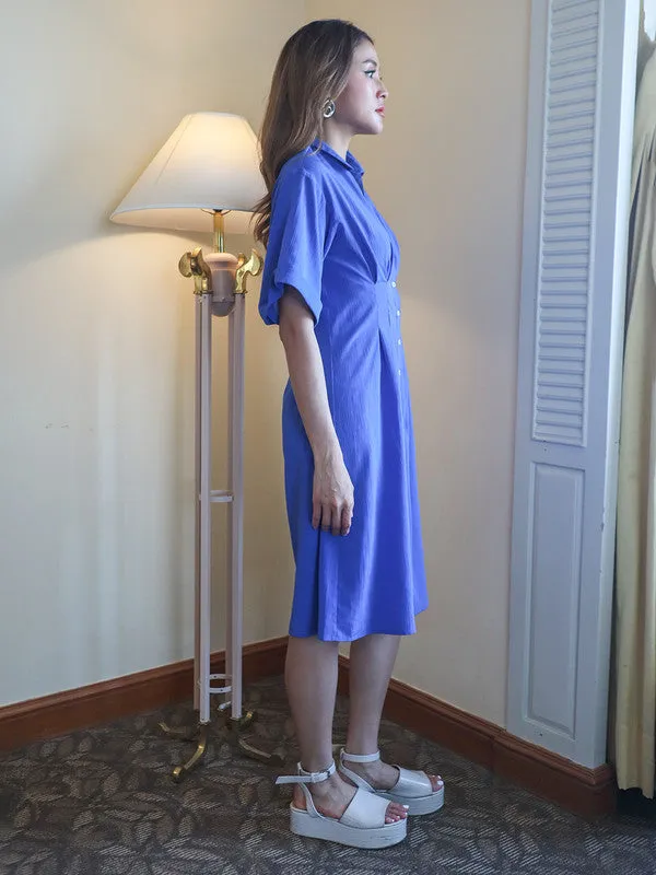 Blue Textured Fitted Midi Dress