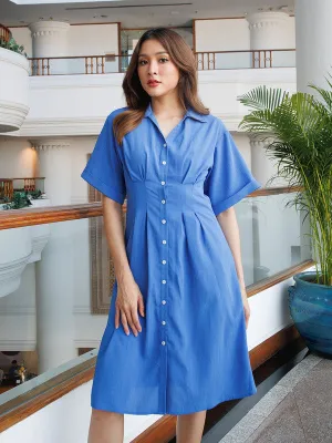 Blue Textured Fitted Midi Dress