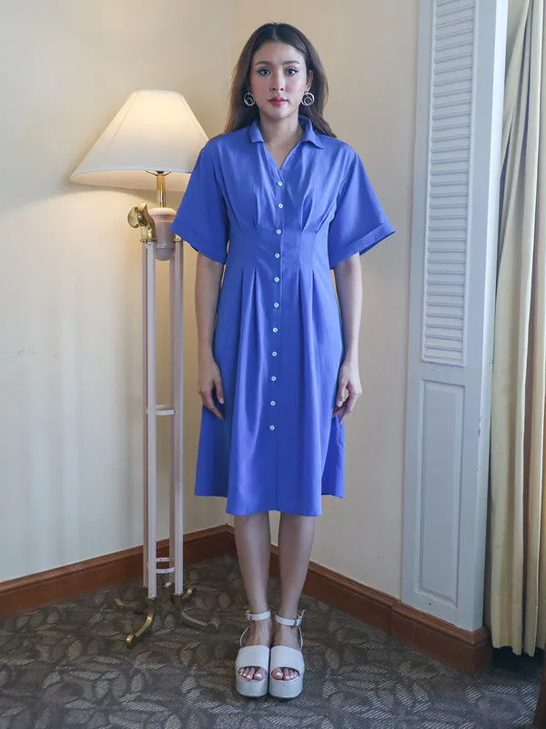 Blue Textured Fitted Midi Dress