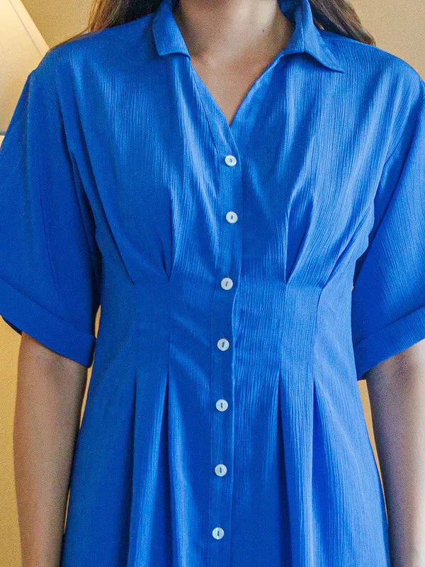 Blue Textured Fitted Midi Dress