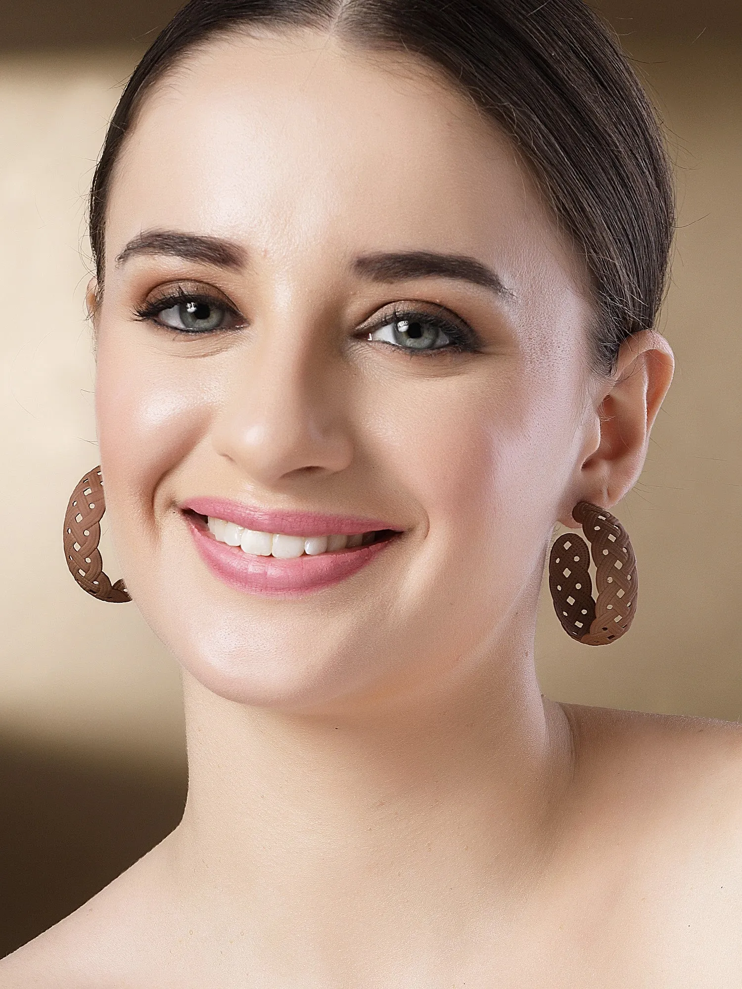 Bohey by KARATCART Matte Finish Brown Braided Pattern Hoop Earrings
