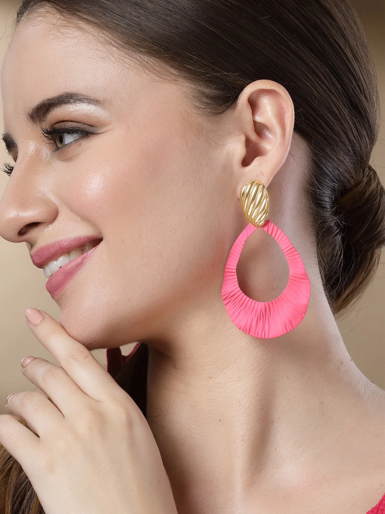 Bohey by KARATCART Pink Textured Contemporary Drop Shape Earrings for Women