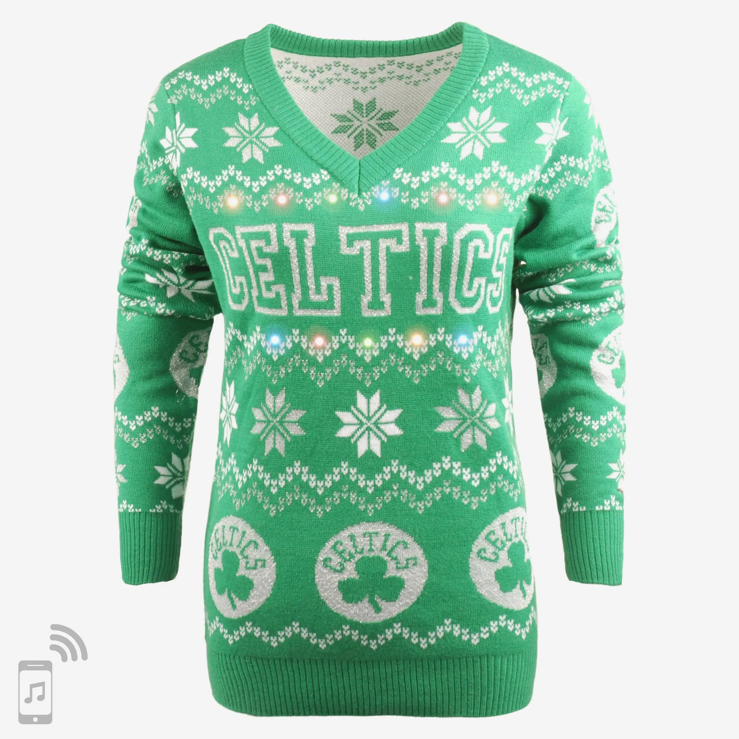 Boston Celtics Womens Light Up V-Neck Bluetooth Sweater