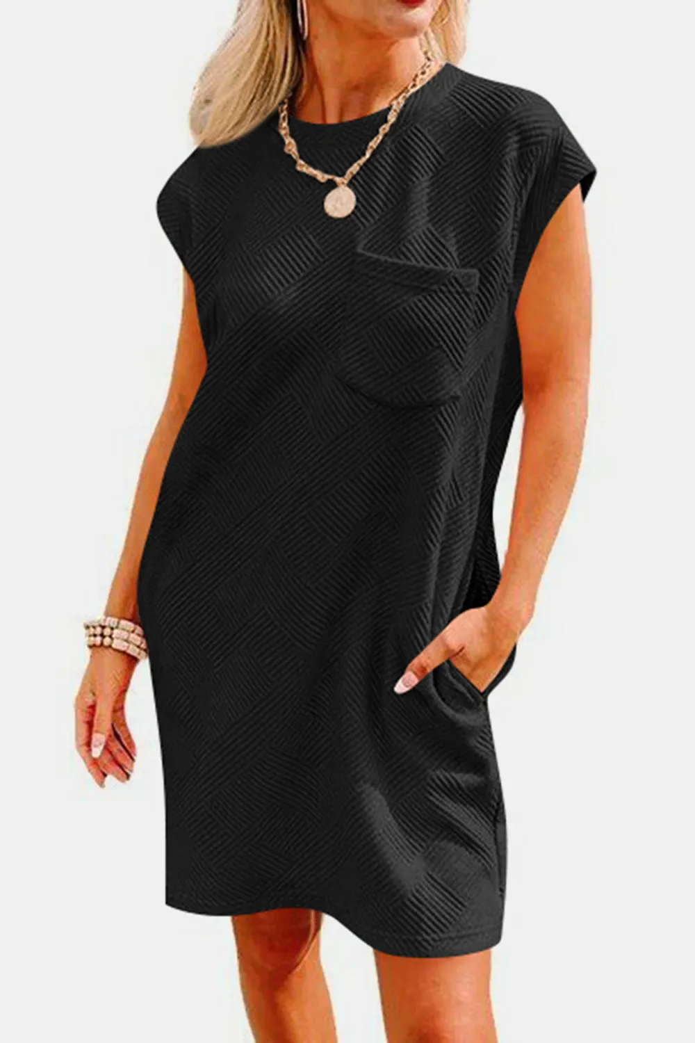 Brixley Textured Round Neck Cap Sleeve Dress