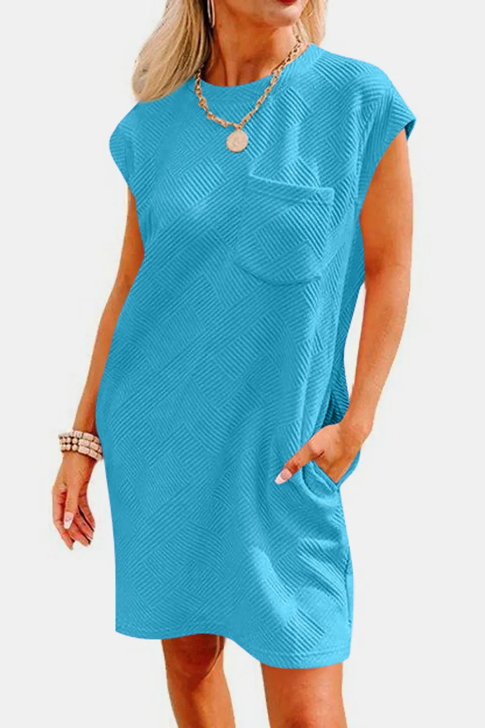 Brixley Textured Round Neck Cap Sleeve Dress