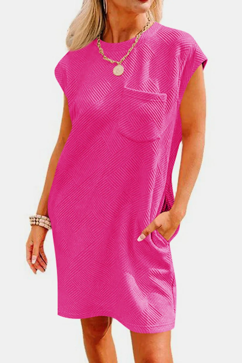 Brixley Textured Round Neck Cap Sleeve Dress