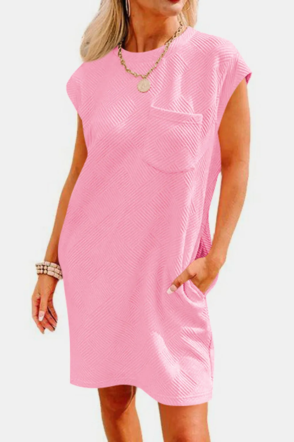Brixley Textured Round Neck Cap Sleeve Dress