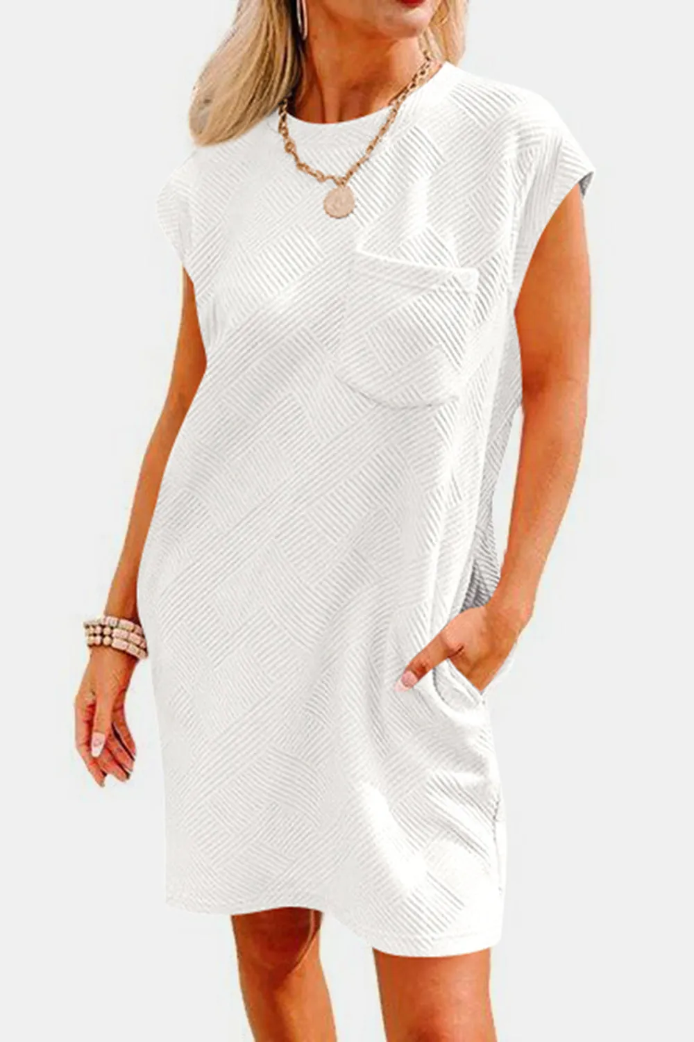 Brixley Textured Round Neck Cap Sleeve Dress