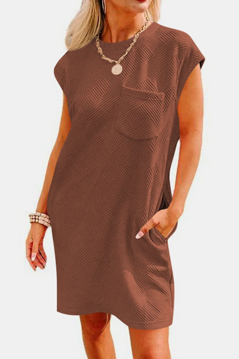 Brixley Textured Round Neck Cap Sleeve Dress