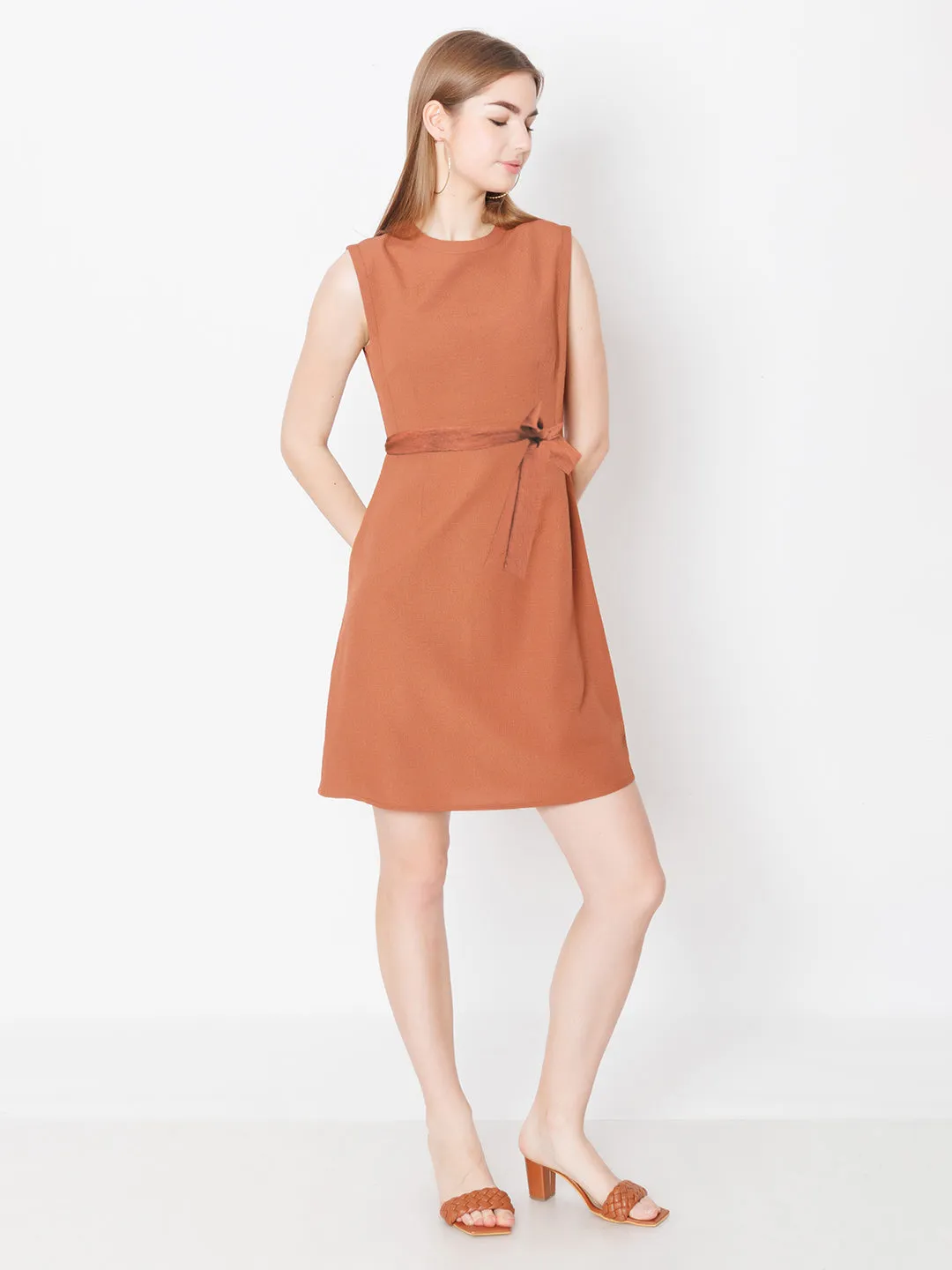 Brown Solid Textured Bodycon Mini Dress