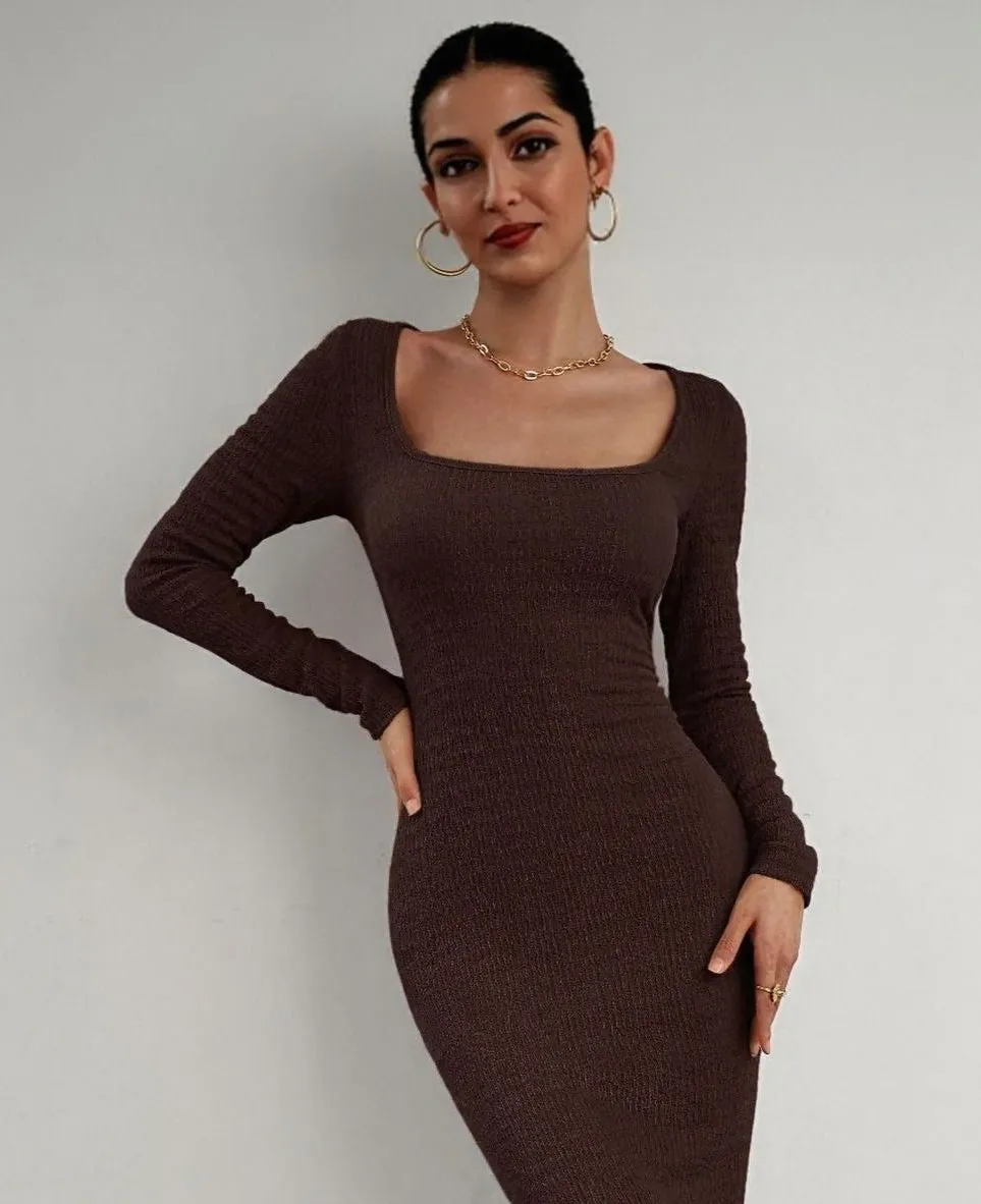 Brown Square Neck Textured Maxi Dress