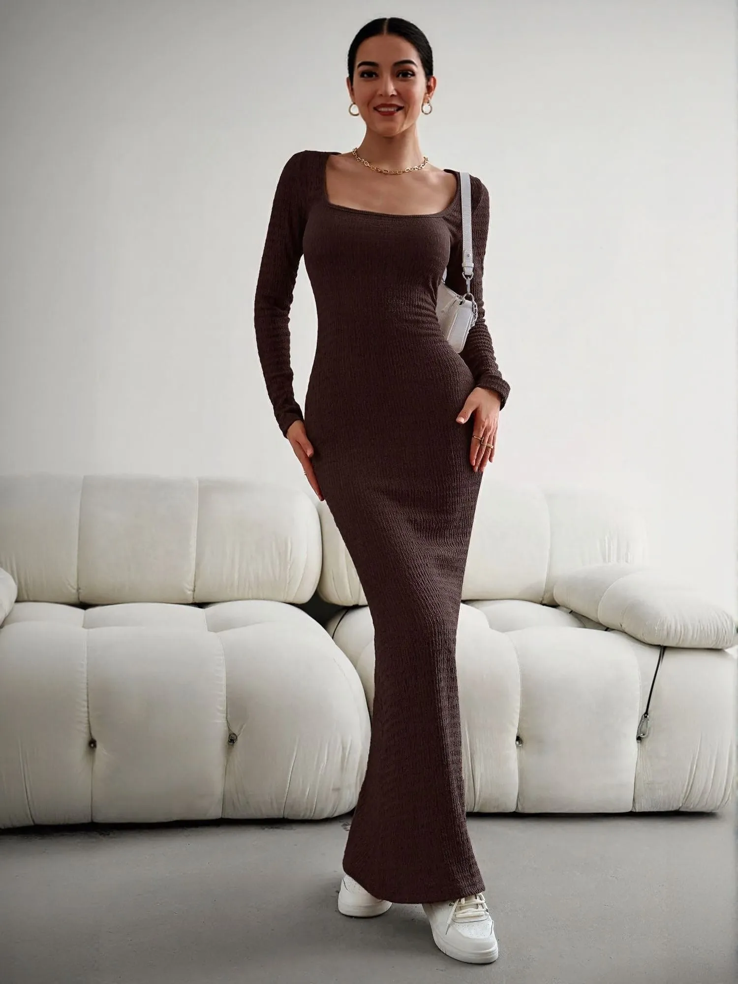 Brown Square Neck Textured Maxi Dress