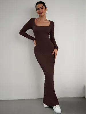 Brown Square Neck Textured Maxi Dress