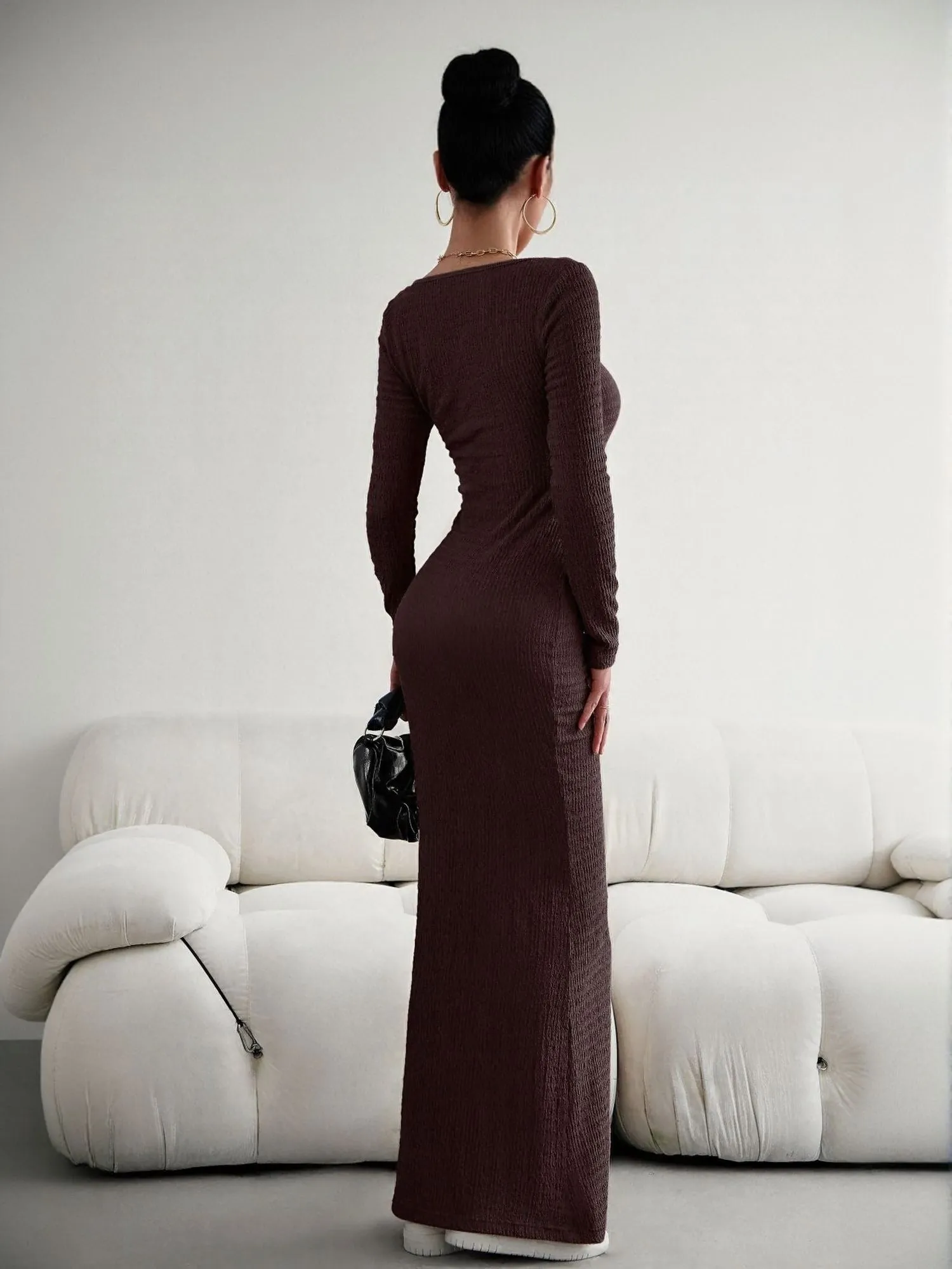 Brown Square Neck Textured Maxi Dress