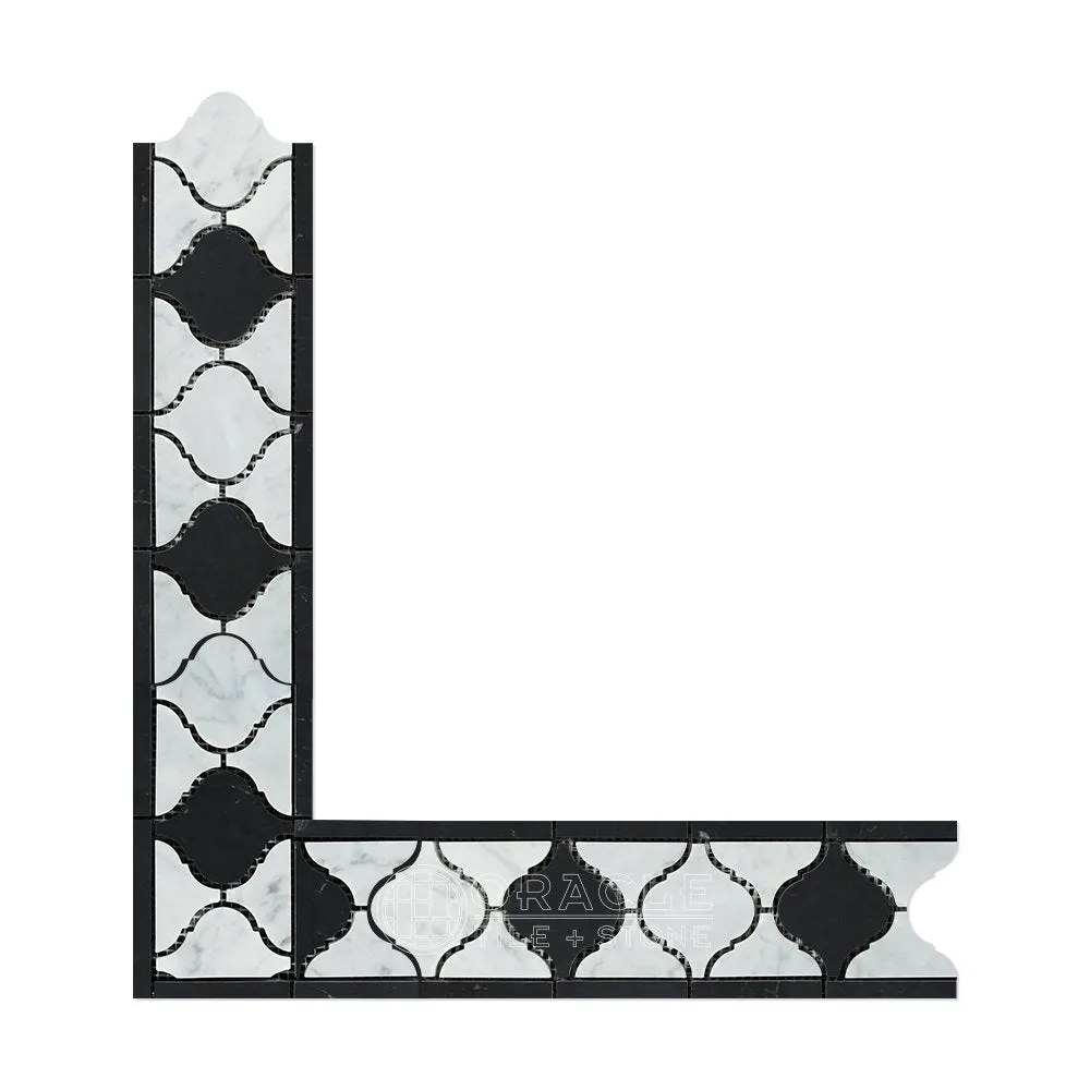 Carrara White Italian (Bianco Carrara) Marble Lantern Border Corner with Black Marble, Polished