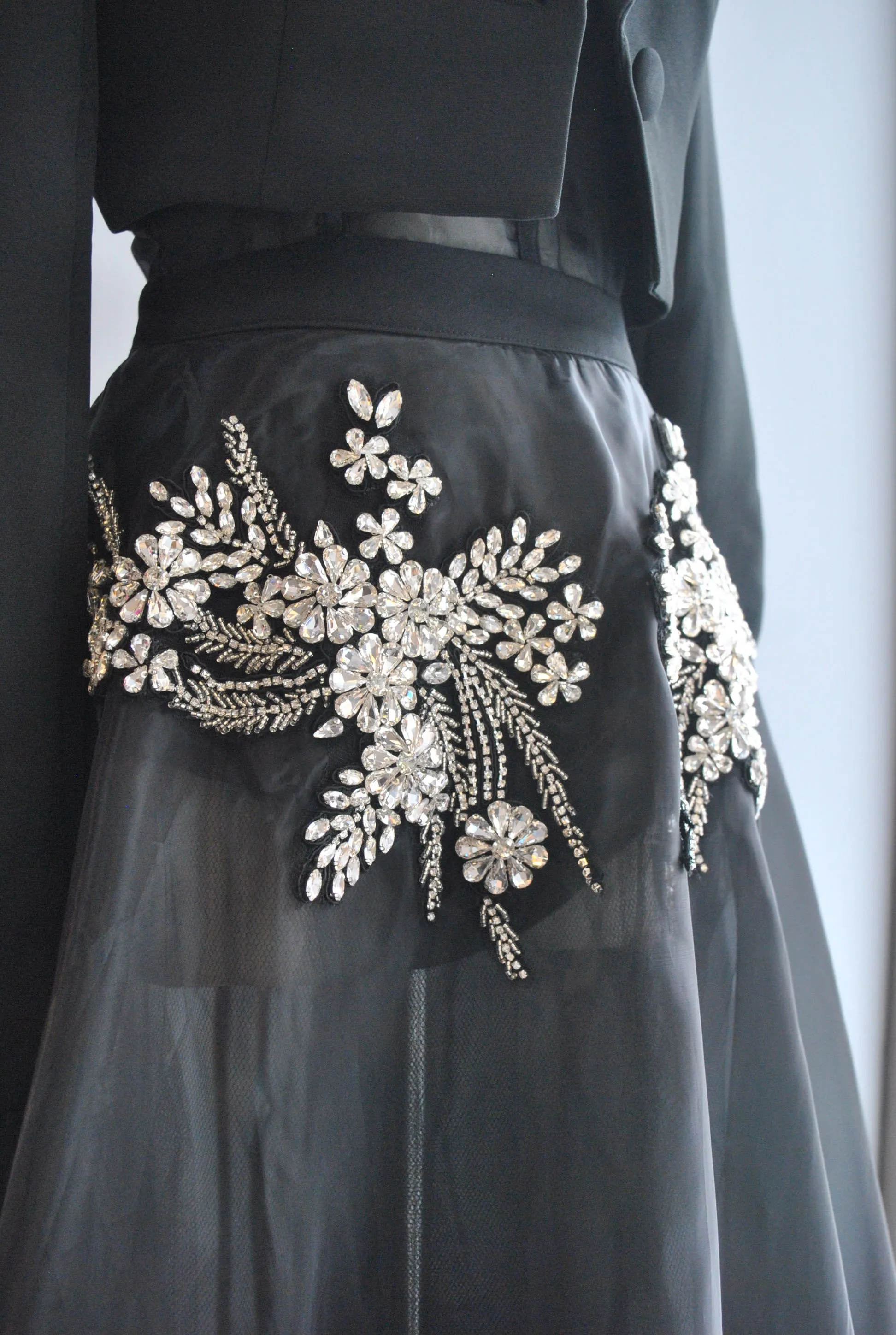 CLEARANCE - BLACK SHEER FIT AND FLAIR LONG GOWN WITH RHINESTONES AND A BLAZER