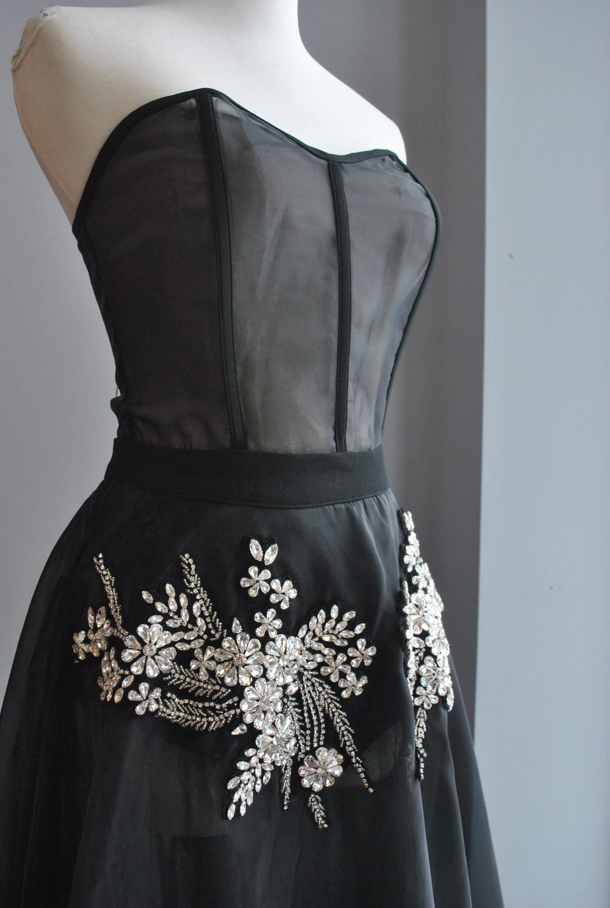 CLEARANCE - BLACK SHEER FIT AND FLAIR LONG GOWN WITH RHINESTONES AND A BLAZER