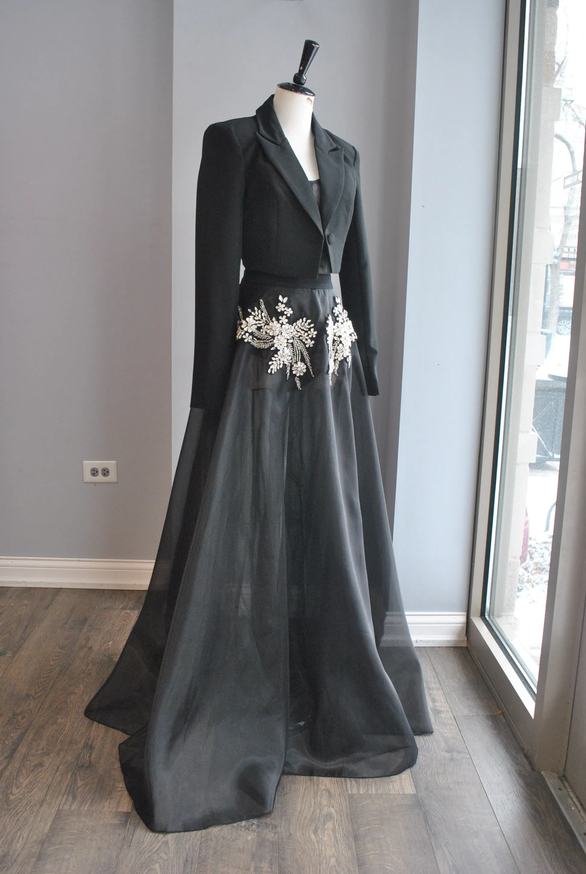 CLEARANCE - BLACK SHEER FIT AND FLAIR LONG GOWN WITH RHINESTONES AND A BLAZER