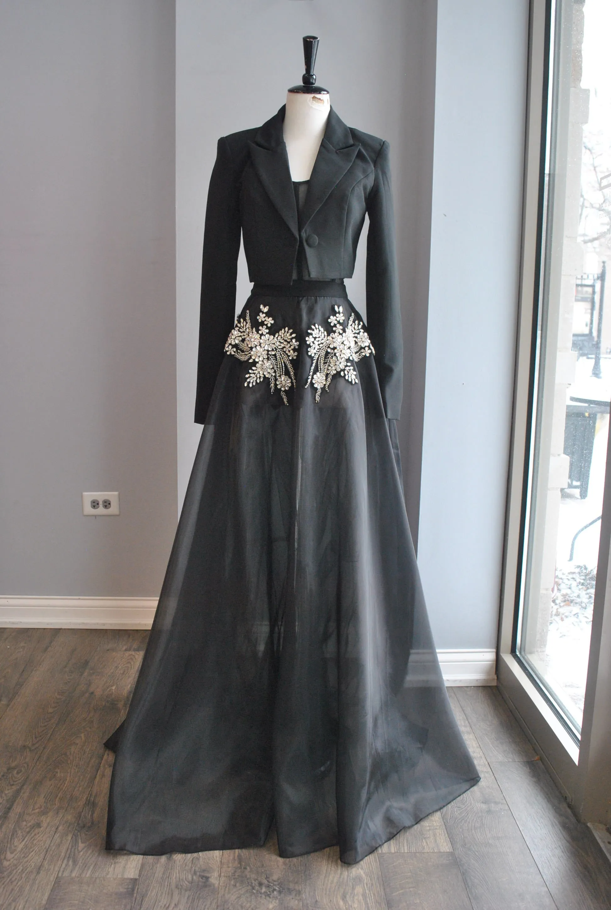 CLEARANCE - BLACK SHEER FIT AND FLAIR LONG GOWN WITH RHINESTONES AND A BLAZER