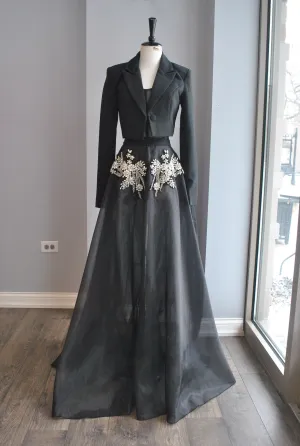 CLEARANCE - BLACK SHEER FIT AND FLAIR LONG GOWN WITH RHINESTONES AND A BLAZER