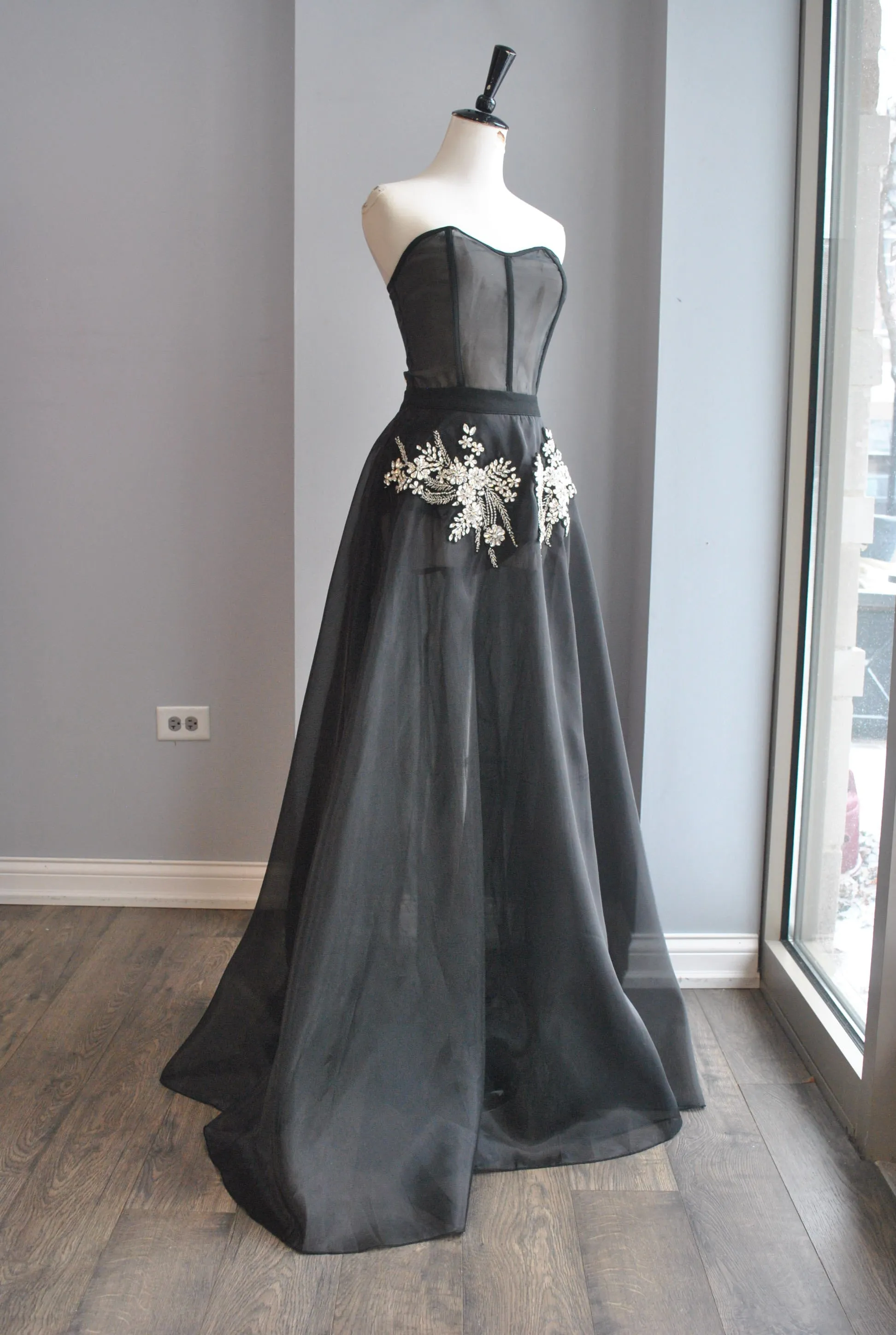 CLEARANCE - BLACK SHEER FIT AND FLAIR LONG GOWN WITH RHINESTONES AND A BLAZER