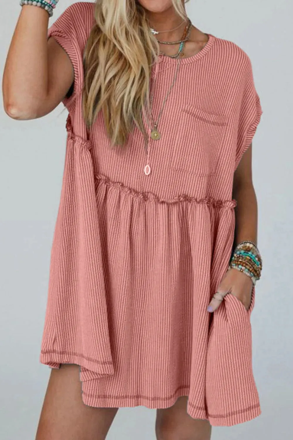 Corded Knit Textured Patched Pocket Frilled Swing Mini Dress with Pockets