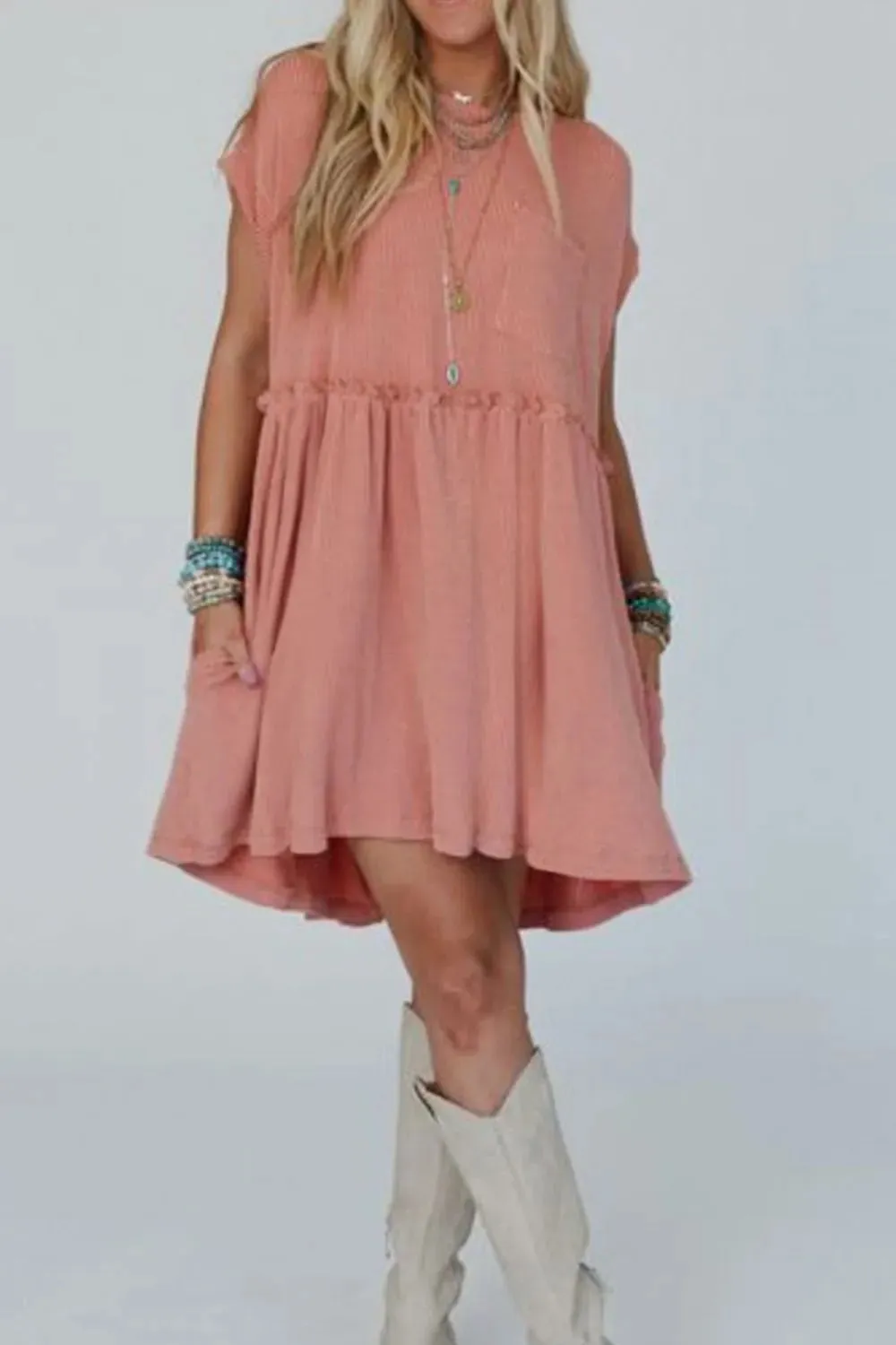 Corded Knit Textured Patched Pocket Frilled Swing Mini Dress with Pockets