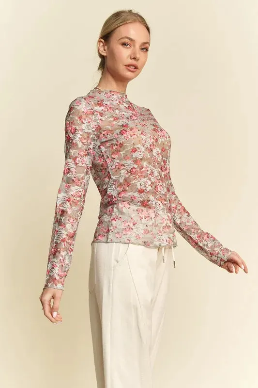 Davi & Dani Floral Print Mesh Long Sleeve Layering Top